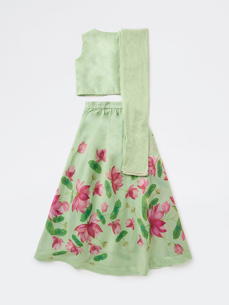Utsa Kids Girls Mint Floral Printed Top Skirt and Dupatta Set - (8-14 years)