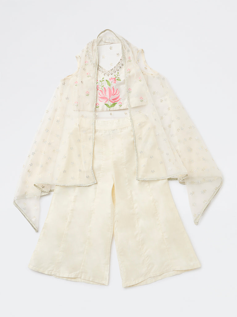 Utsa Kids Girls Off-White Floral Embroidered Top Palazzo and Shrug Set - (8-14 years)