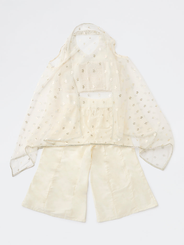 Utsa Kids Girls Off-White Floral Embroidered Top Palazzo and Shrug Set - (8-14 years)