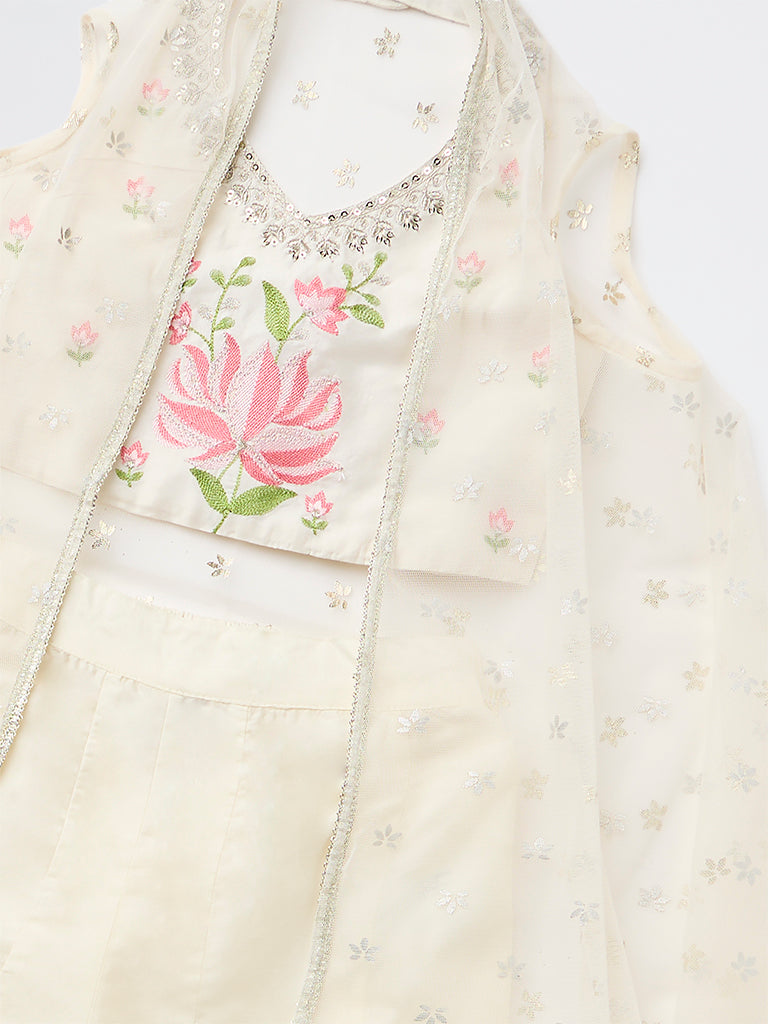 Utsa Kids Girls Off-White Floral Embroidered Top Palazzo and Shrug Set - (8-14 years)