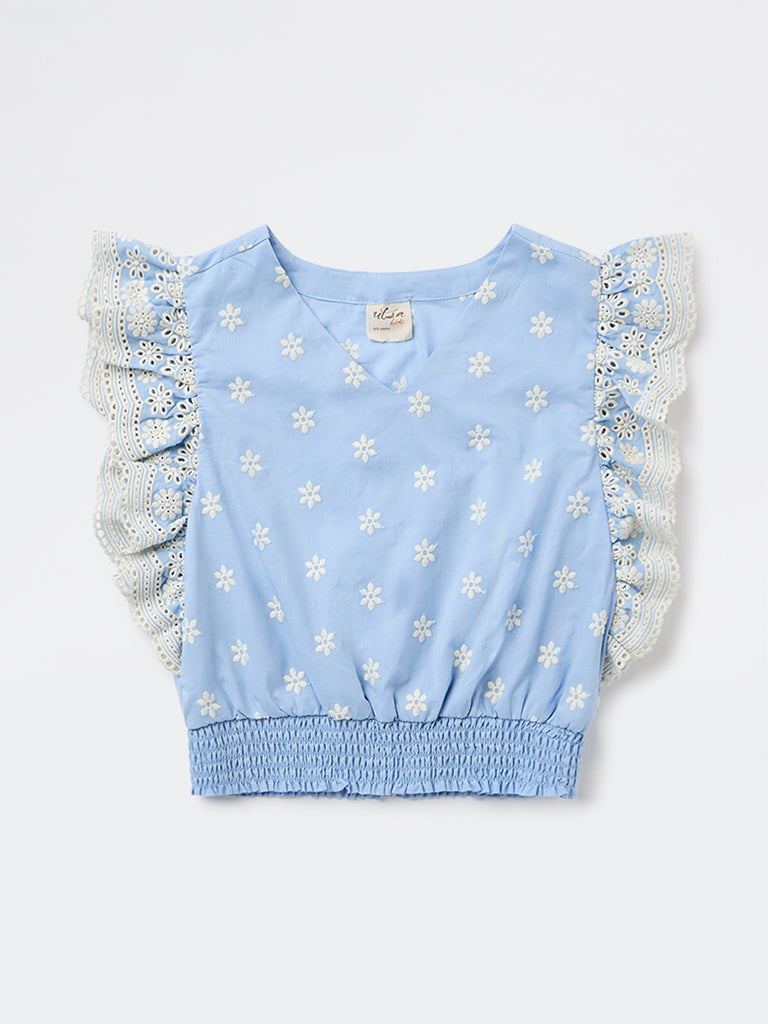 Utsa Kids Girls Blue Embroidered Cotton Top - (8-14 yrs)