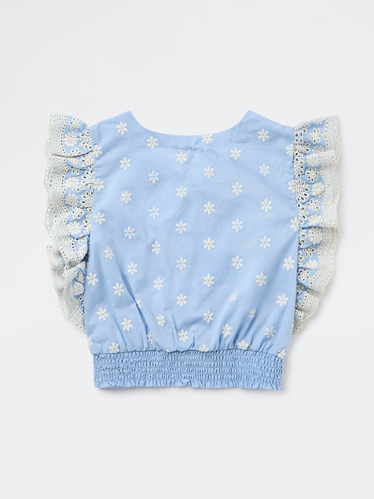 Utsa Kids Girls Blue Embroidered Cotton Top - (8-14 yrs)
