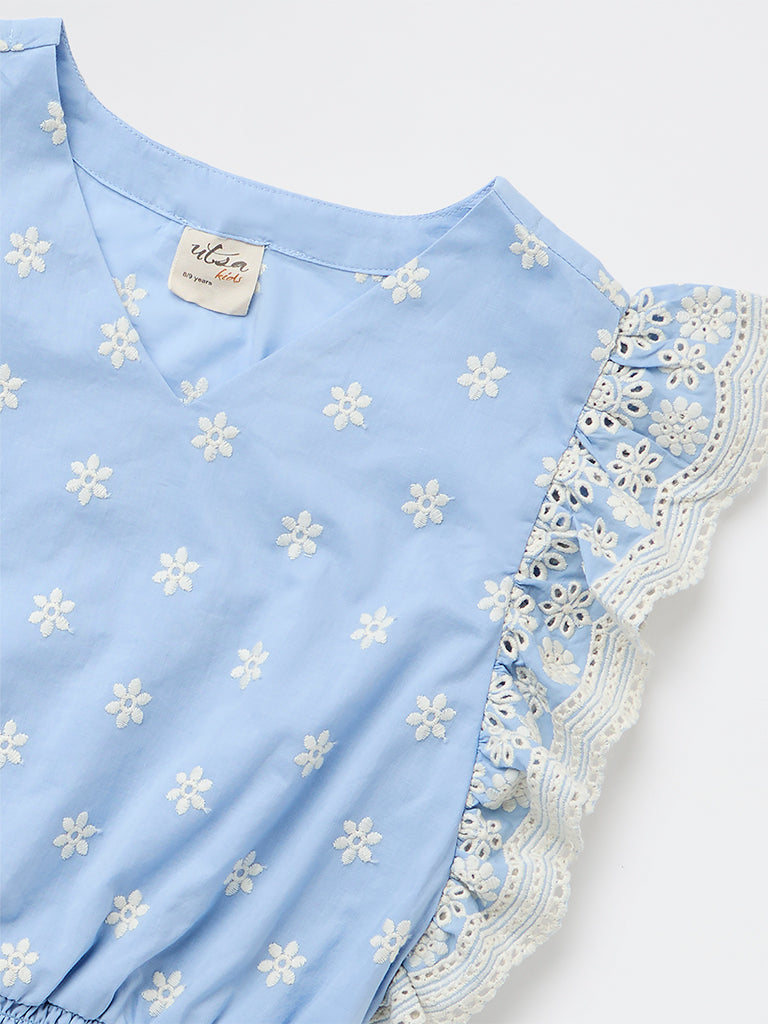 Utsa Kids Girls Blue Embroidered Cotton Top - (8-14 yrs)