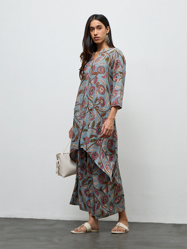 Utsa Dusty Blue Foliage Printed A-Line Kurta
