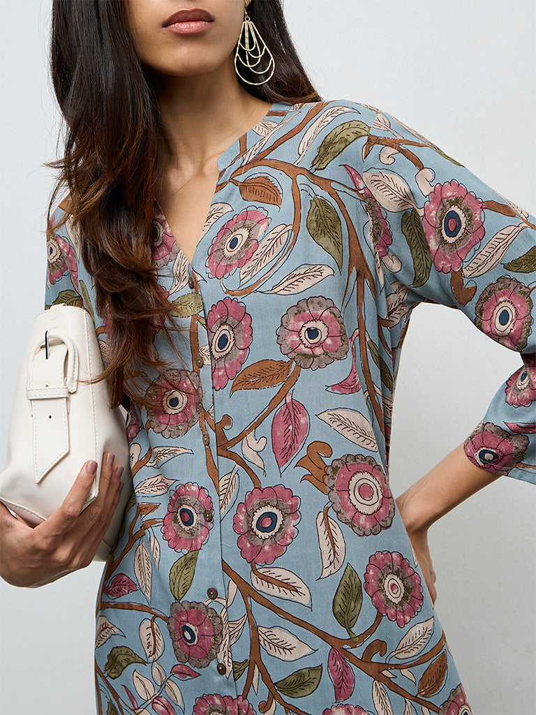 Utsa Dusty Blue Foliage Printed A-Line Kurta