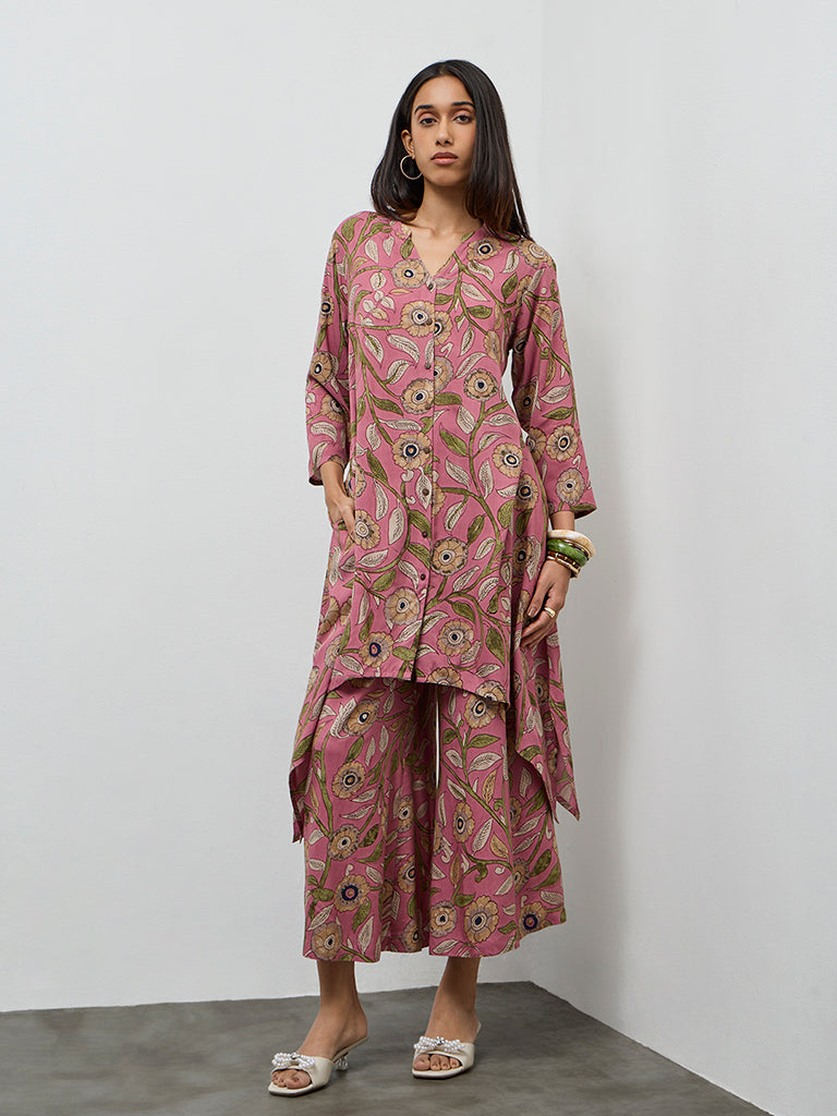 Utsa Pink Foliage Printed A-Line Kurta