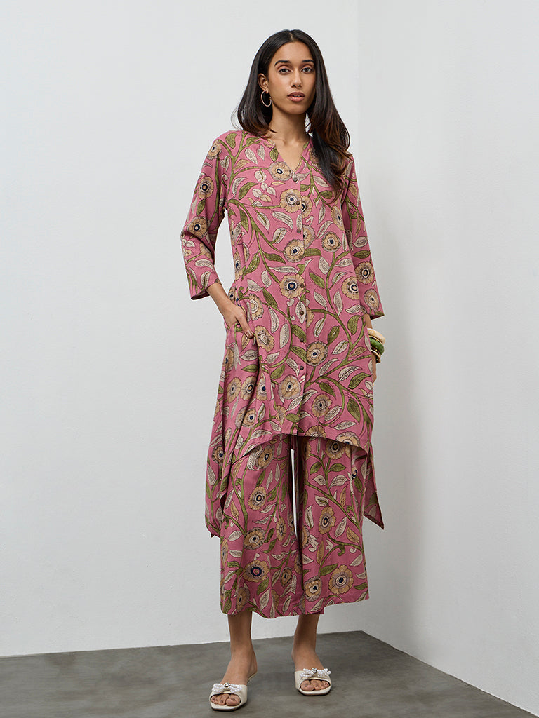 Utsa Pink Foliage Printed A-Line Kurta