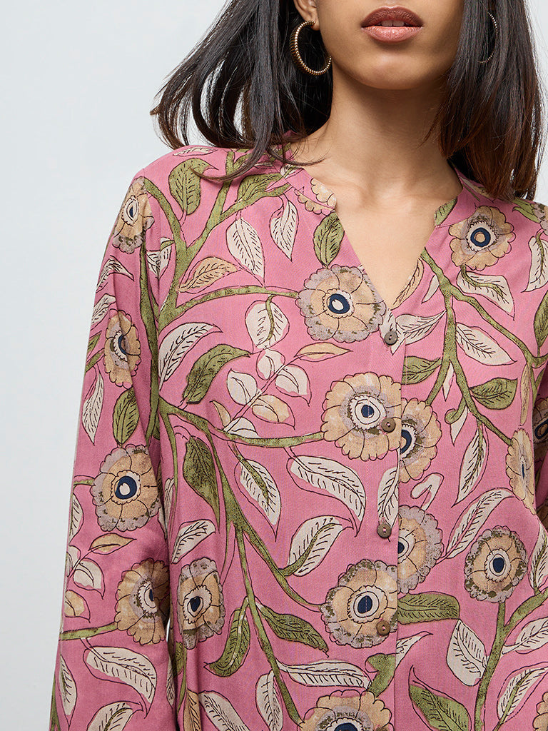 Utsa Pink Foliage Printed A-Line Kurta