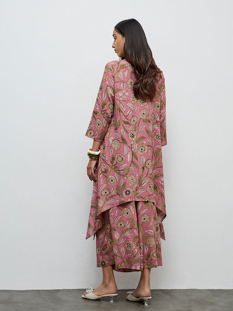 Utsa Pink Foliage Printed A-Line Kurta