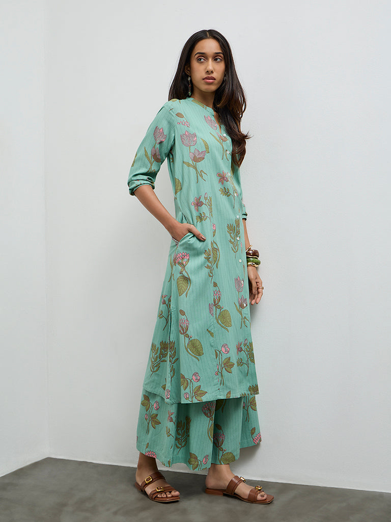 Utsa Aqua Botanical Design A-Line Kurta