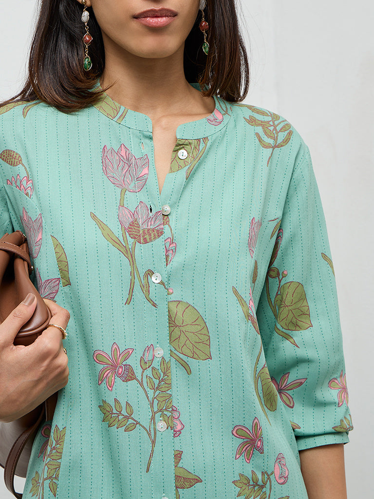 Utsa Aqua Botanical Design A-Line Kurta