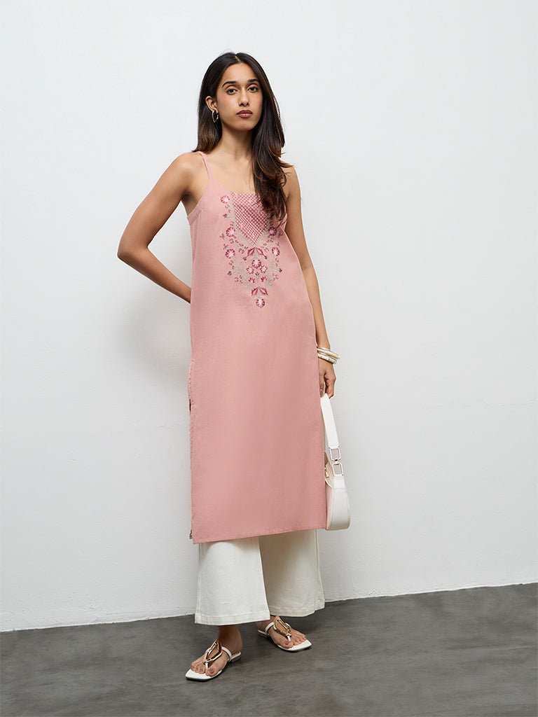 Utsa Peach Embroidered Cotton-Blend A-Line Kurta