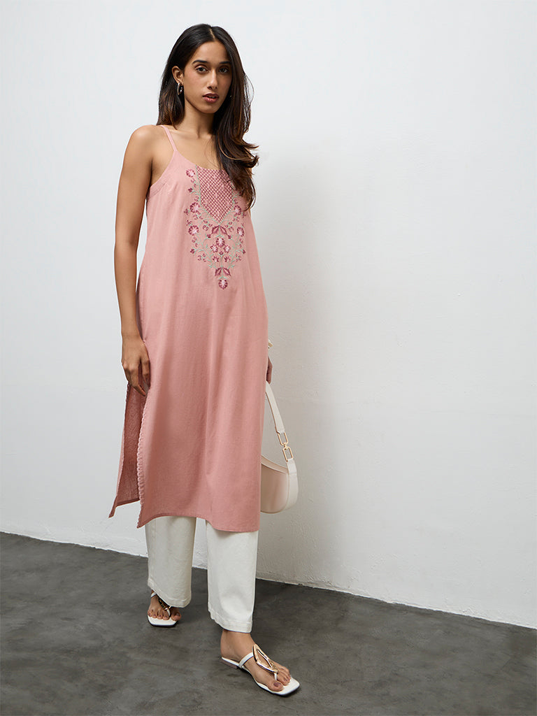 Utsa Peach Embroidered Cotton-Blend A-Line Kurta