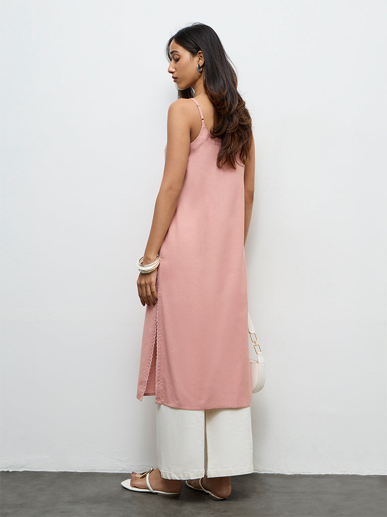 Utsa Peach Embroidered Cotton-Blend A-Line Kurta