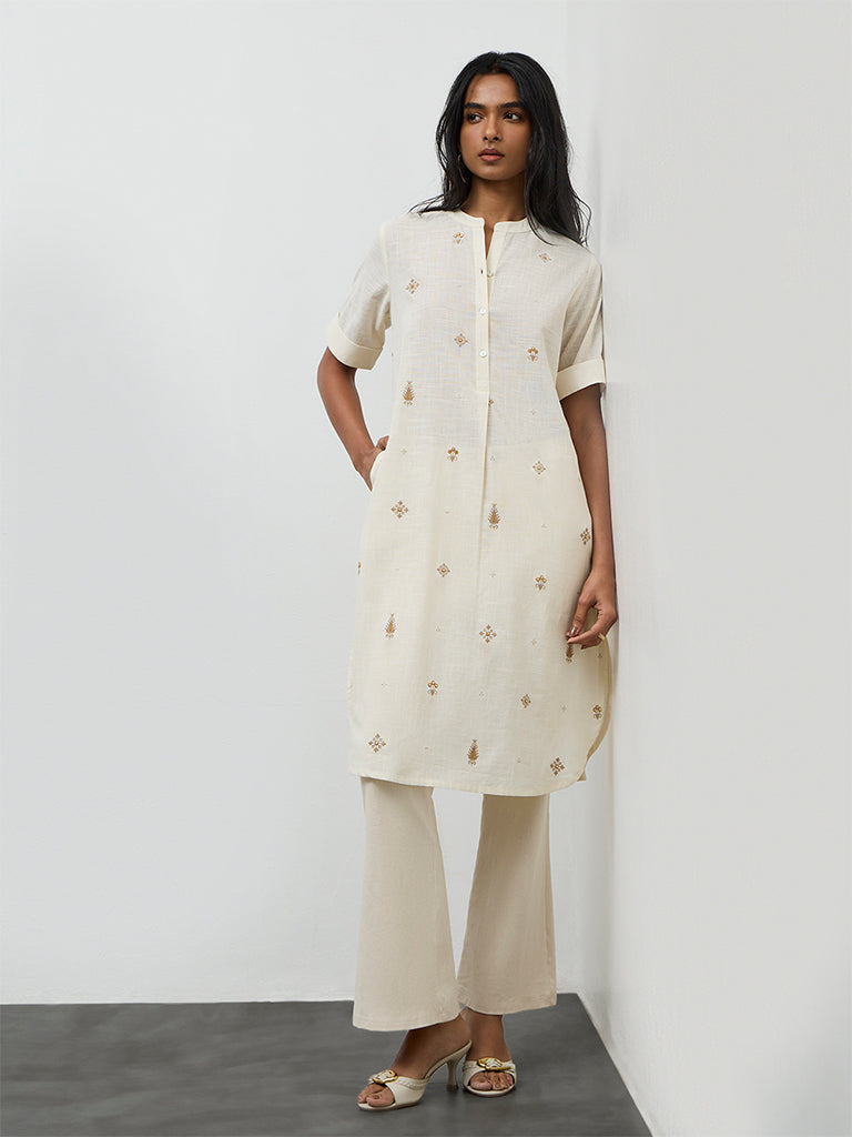 Utsa Off-White Embroidered A-Line Cotton Kurta