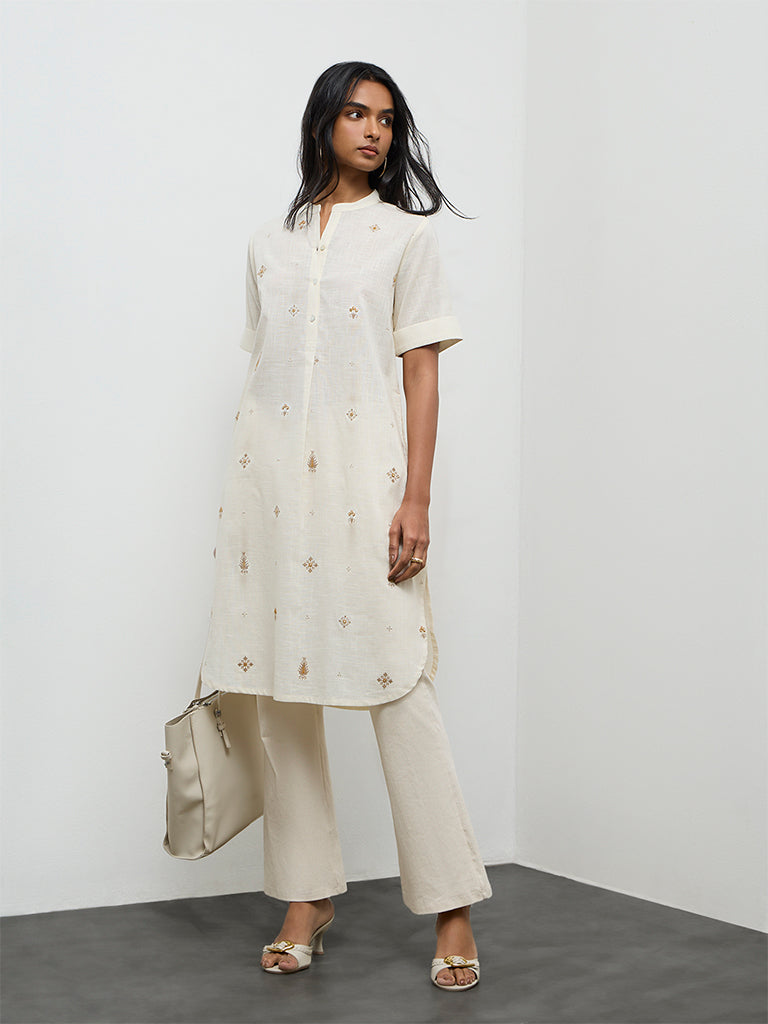 Utsa Off-White Embroidered A-Line Cotton Kurta