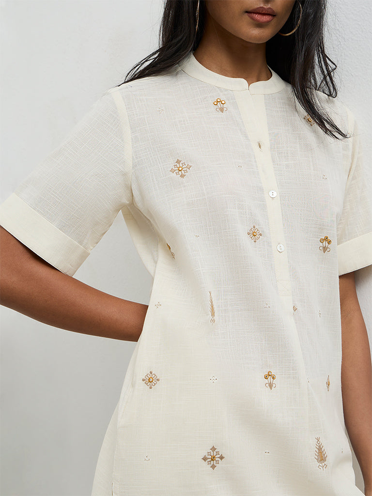Utsa Off-White Embroidered A-Line Cotton Kurta