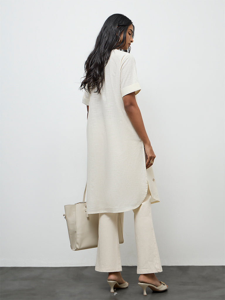 Utsa Off-White Embroidered A-Line Cotton Kurta