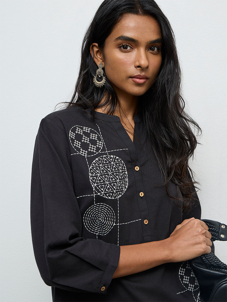 Utsa Black Embroidered Cotton-Blend Kurti