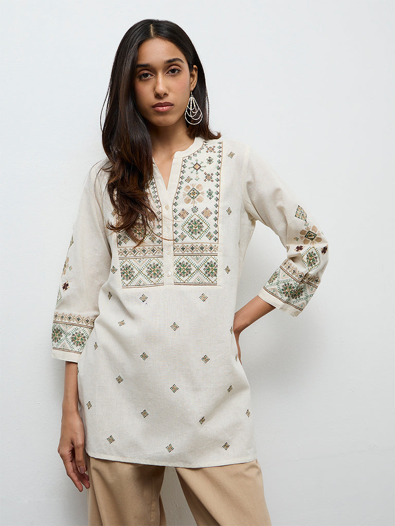 Utsa Off-White Aztec Embroidered Cotton-Blend Tunic
