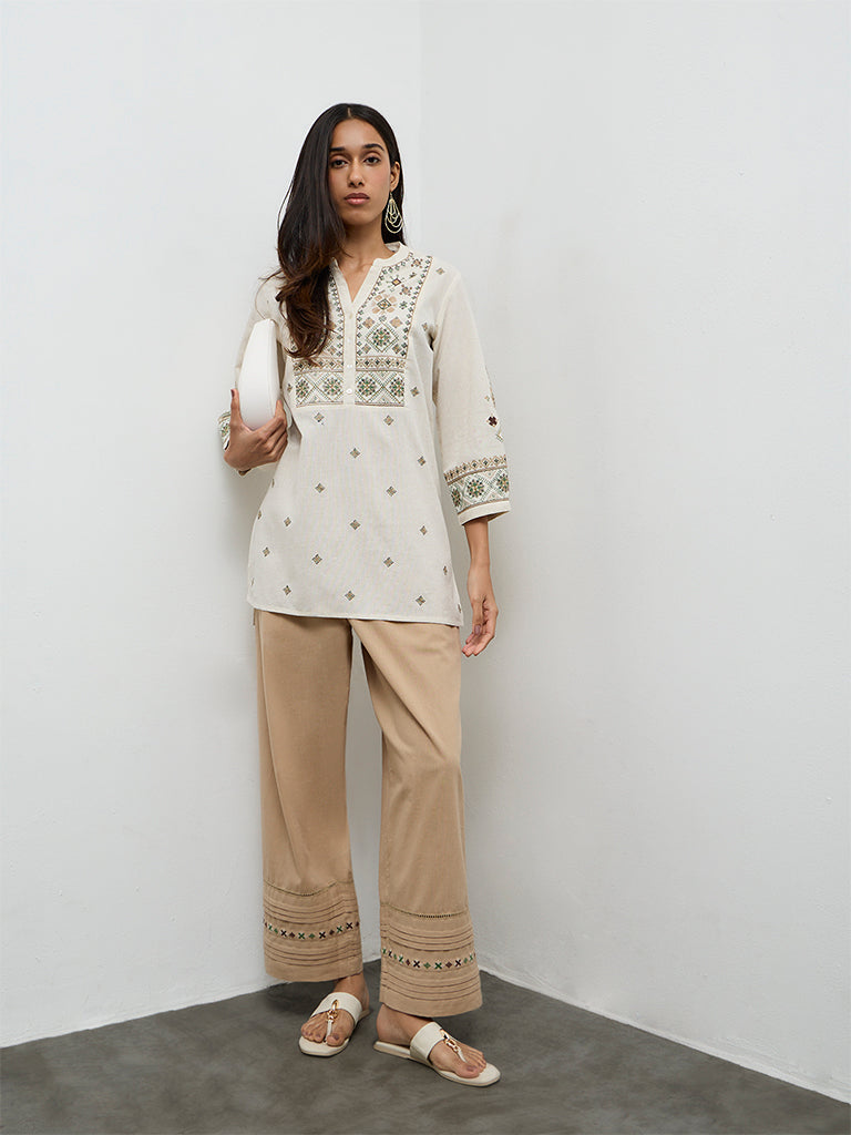 Utsa Off-White Aztec Embroidered Cotton-Blend Tunic
