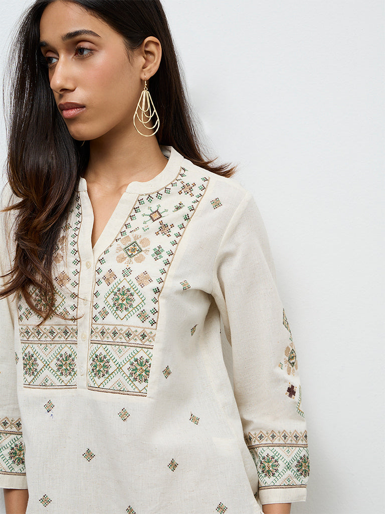 Utsa Off-White Aztec Embroidered Cotton-Blend Tunic