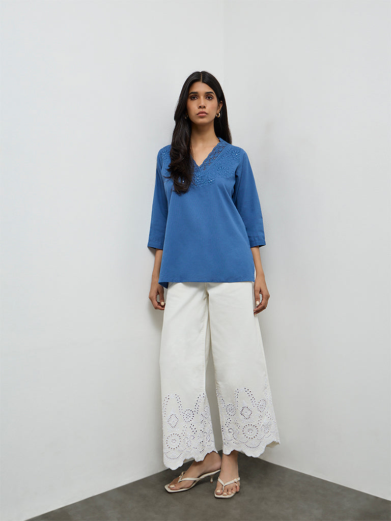 Utsa Indigo Embroidered Cotton-Blend Tunic