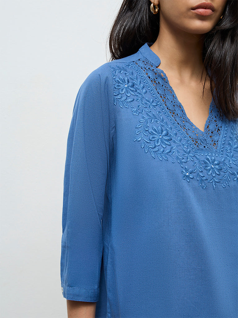 Utsa Indigo Embroidered Cotton-Blend Tunic