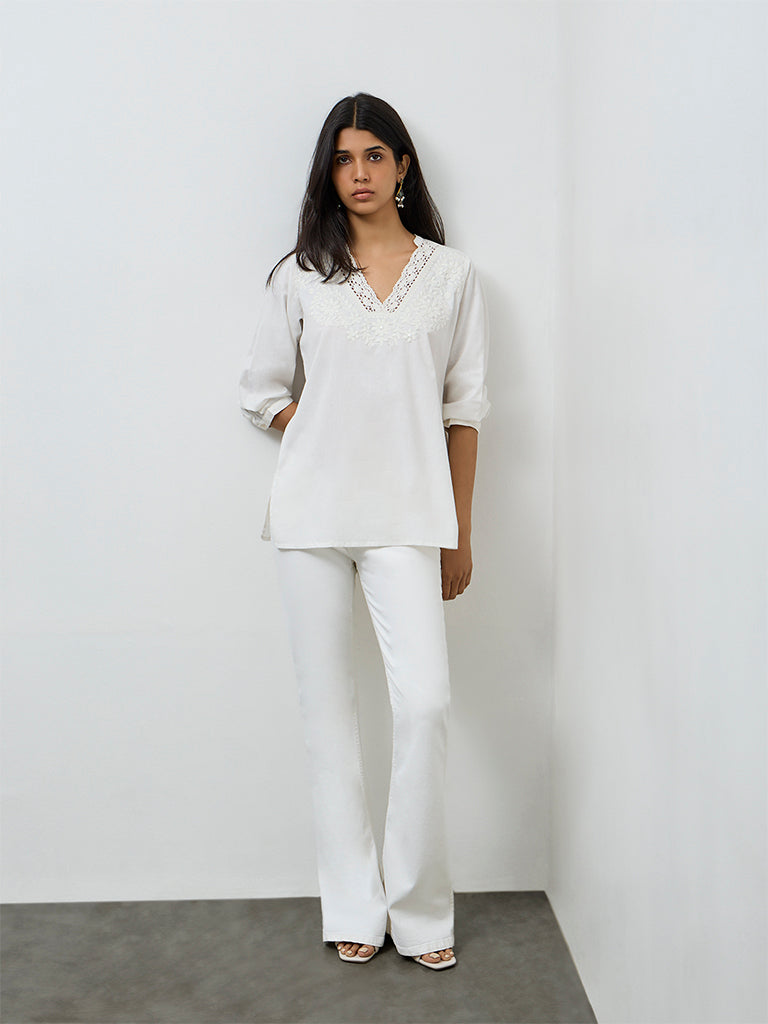 Utsa White Embroidered Cotton-Blend Tunic