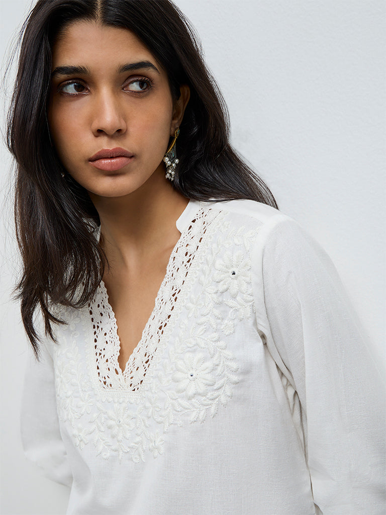 Utsa White Embroidered Cotton-Blend Tunic