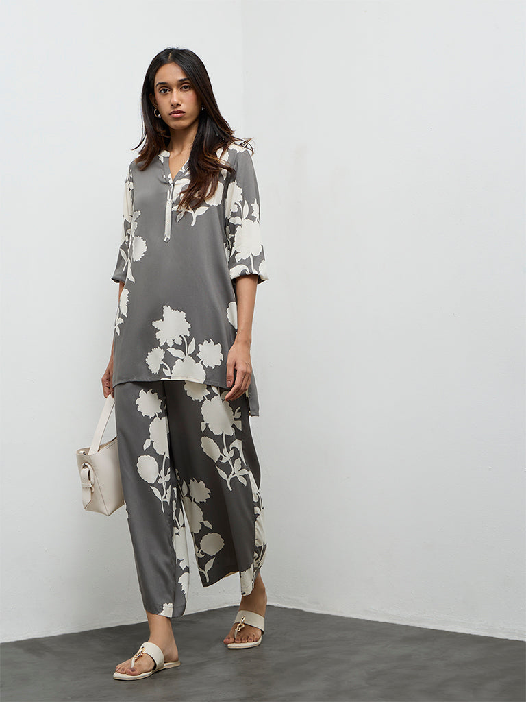 Utsa Grey Floral Pattern Tunic