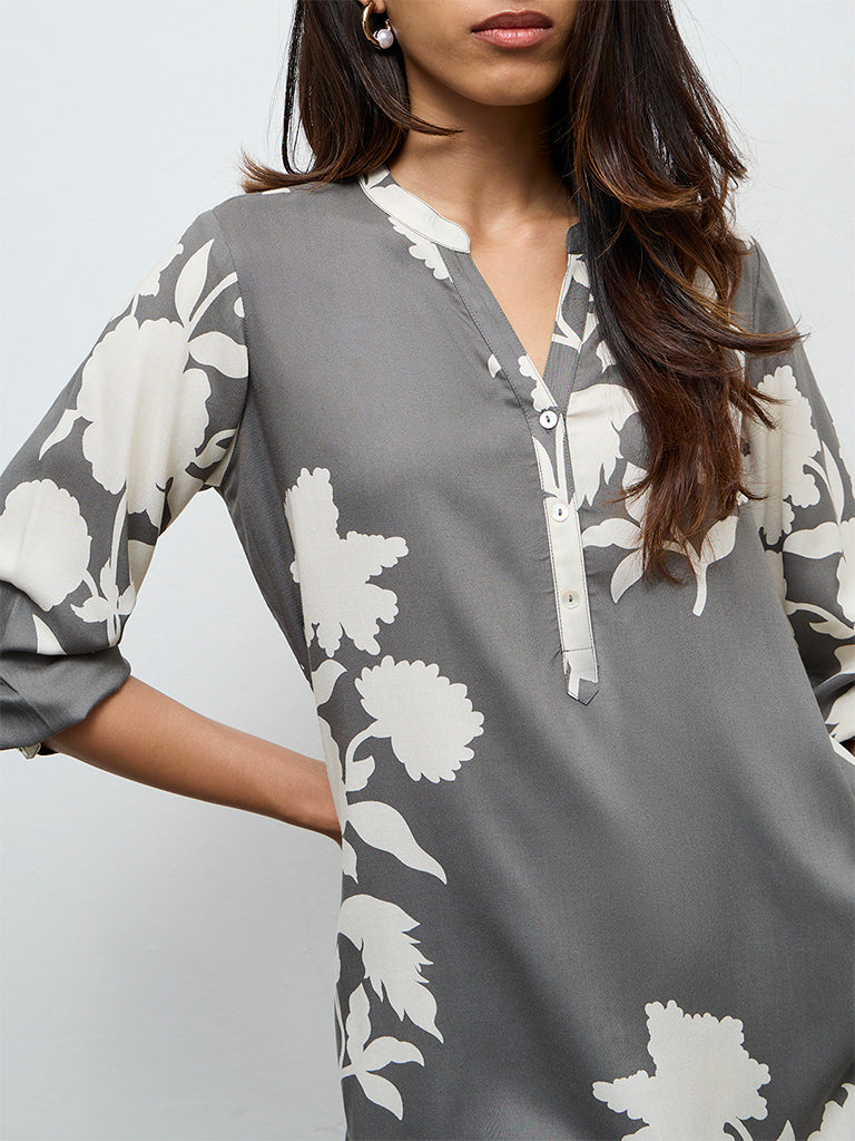 Utsa Grey Floral Pattern Tunic