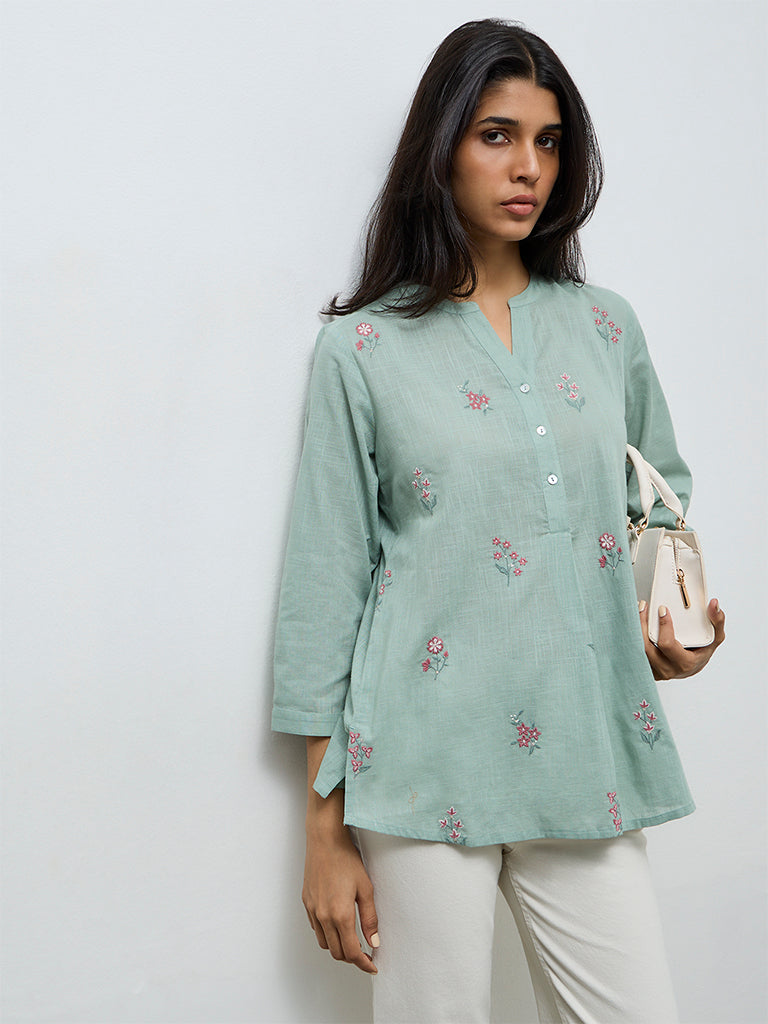 Utsa Mint Floral Embroidered Cotton Tunic