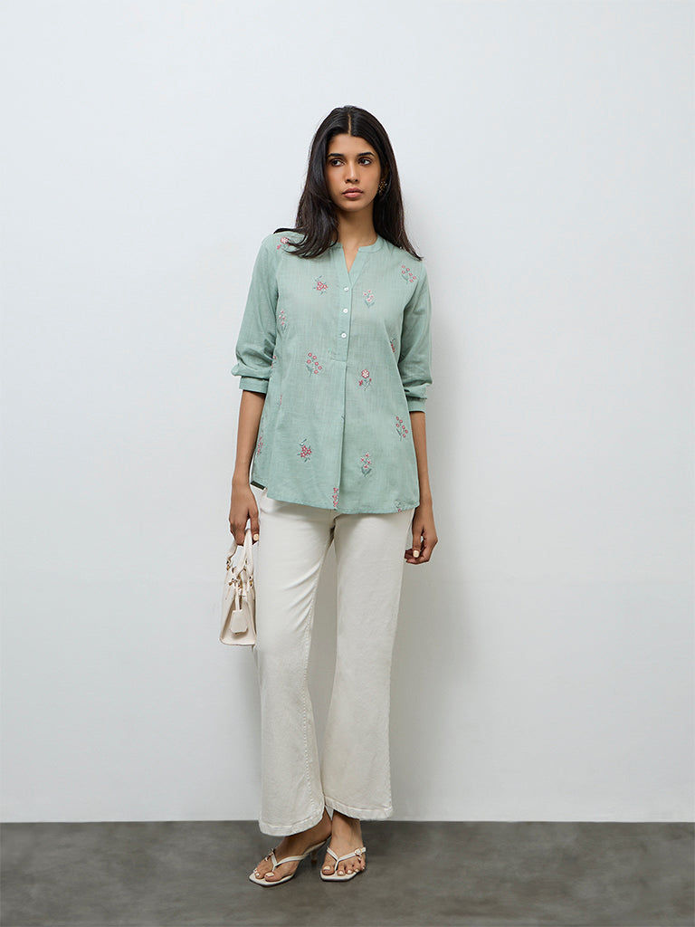 Utsa Mint Floral Embroidered Cotton Tunic