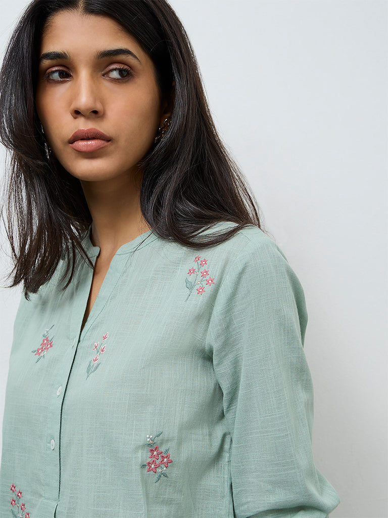 Utsa Mint Floral Embroidered Cotton Tunic