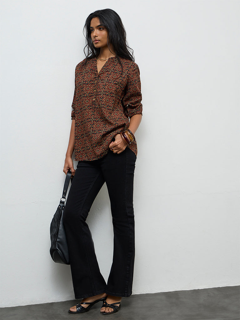 Utsa Black Printed Cotton-Blend Tunic