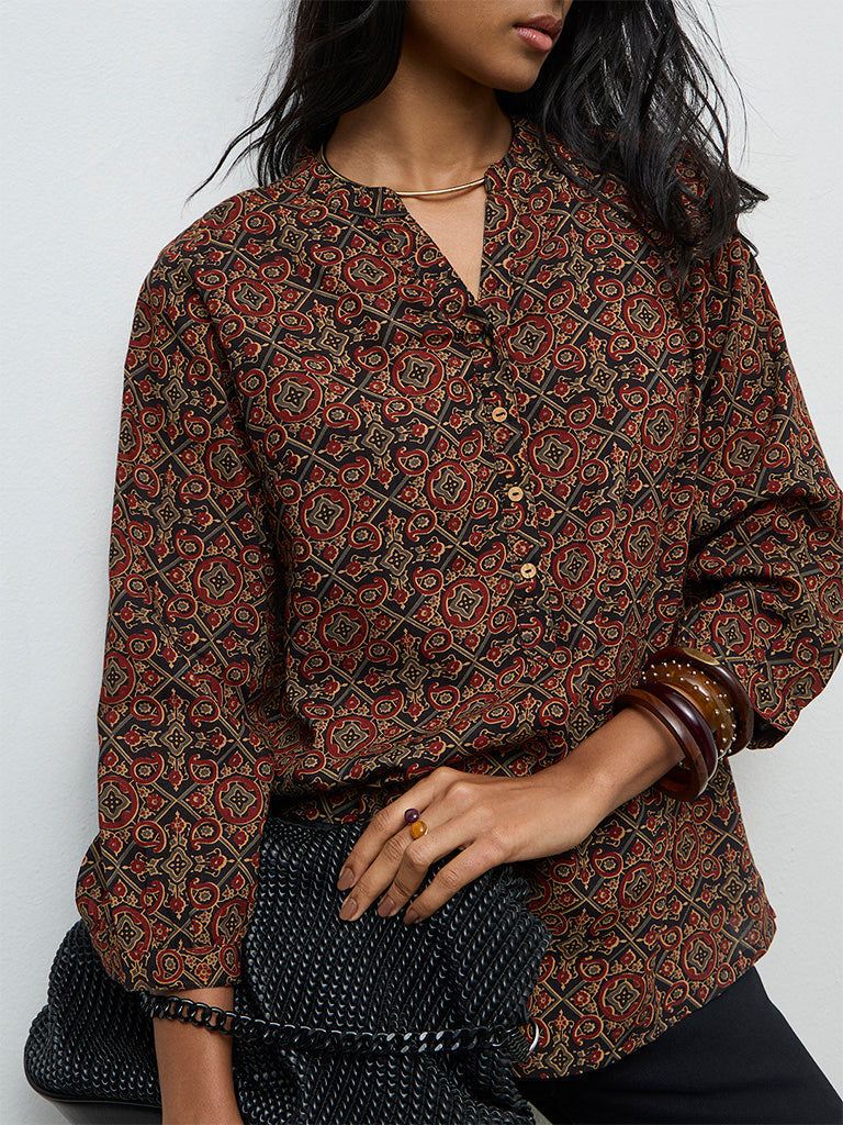 Utsa Black Printed Cotton-Blend Tunic