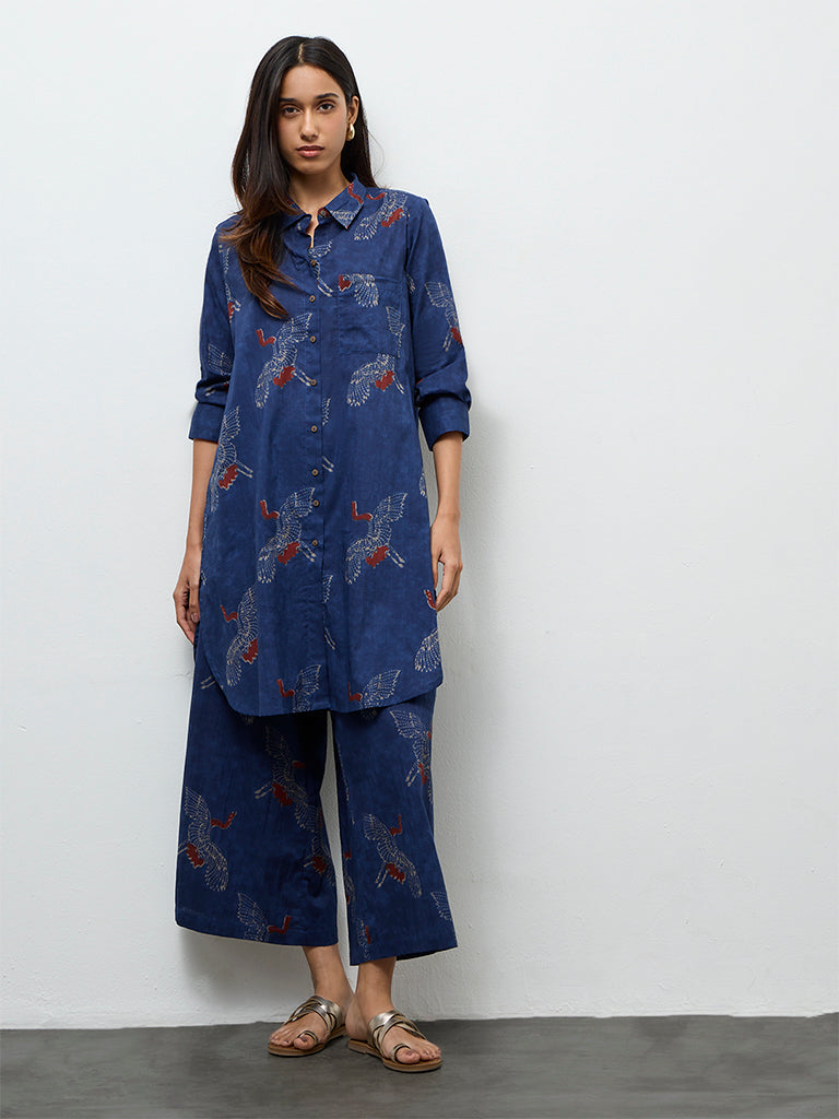 Utsa Indigo Bird Printed Cotton A-Line Kurta