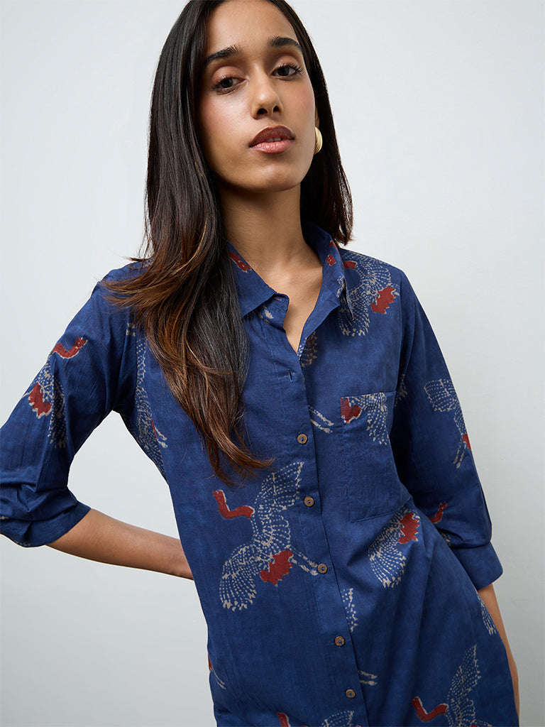 Utsa Indigo Bird Printed Cotton A-Line Kurta