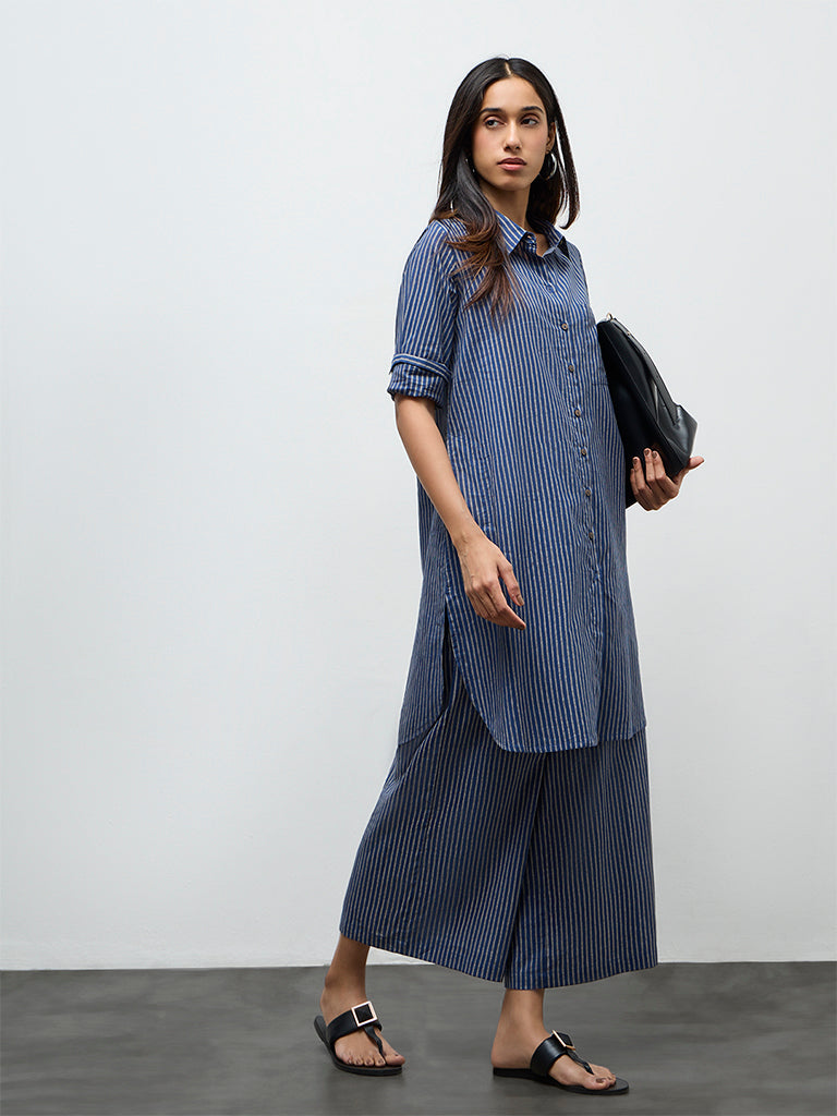 Utsa Indigo Striped Cotton A-Line Kurta