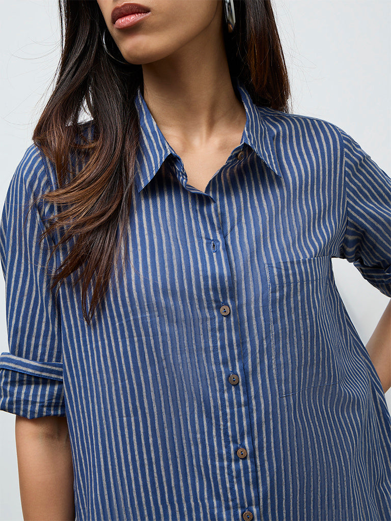 Utsa Indigo Striped Cotton A-Line Kurta