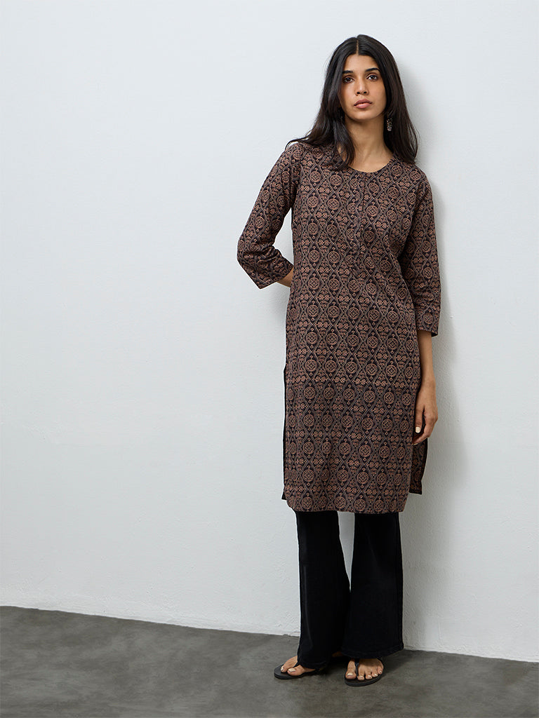 Utsa Brown Printed Cotton Straight Kurta