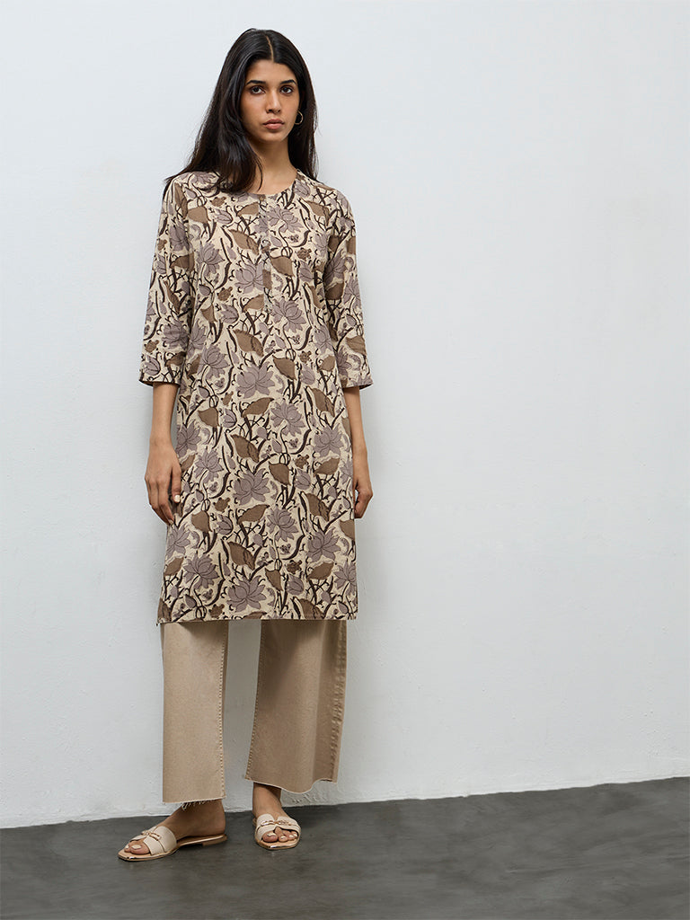 Utsa Grey Floral Printed Cotton Straight Kurta