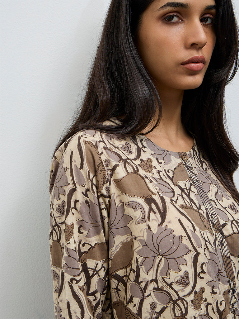 Utsa Grey Floral Printed Cotton Straight Kurta