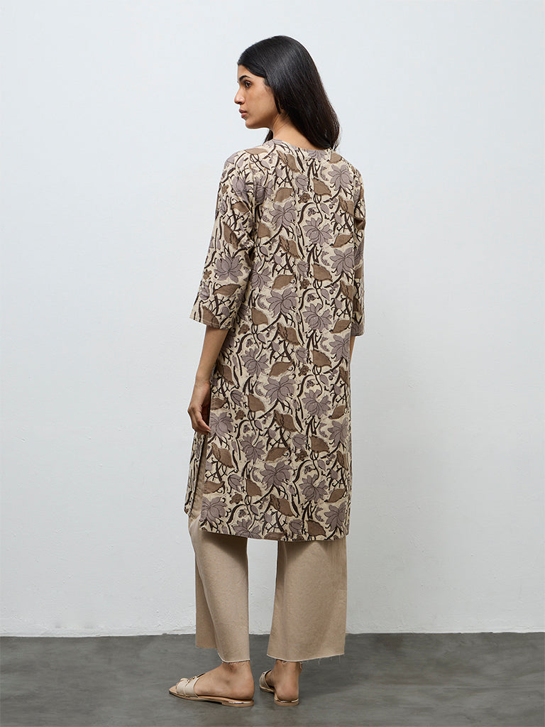 Utsa Grey Floral Printed Cotton Straight Kurta