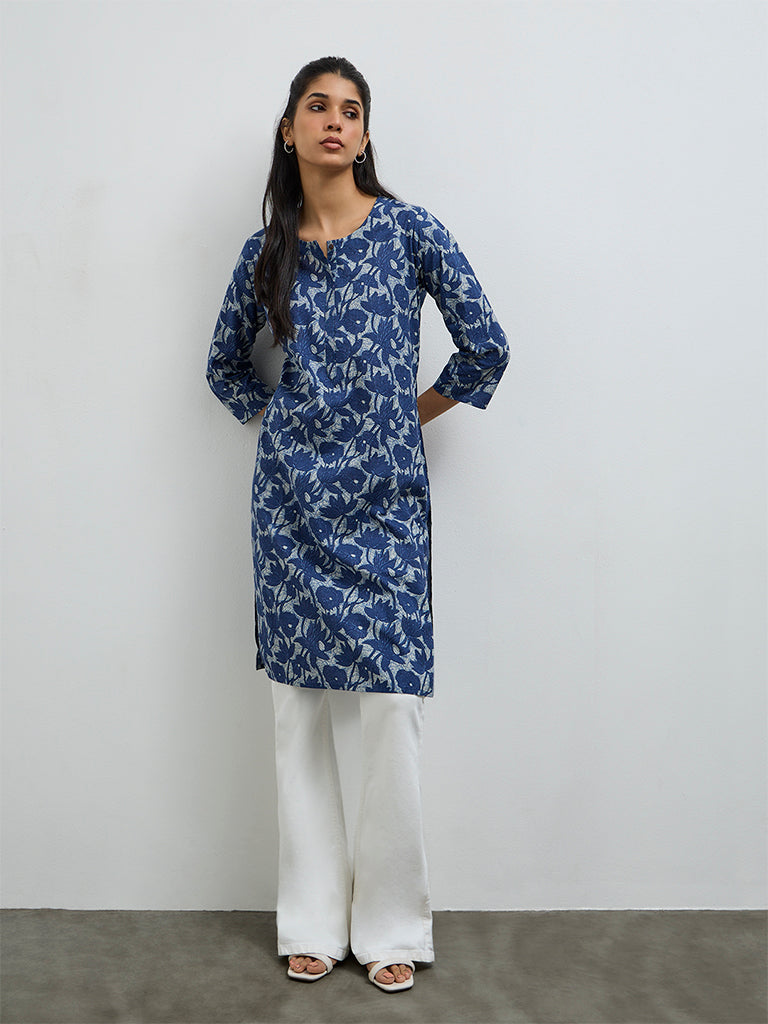Utsa Indigo Floral Printed Cotton Straight Kurta