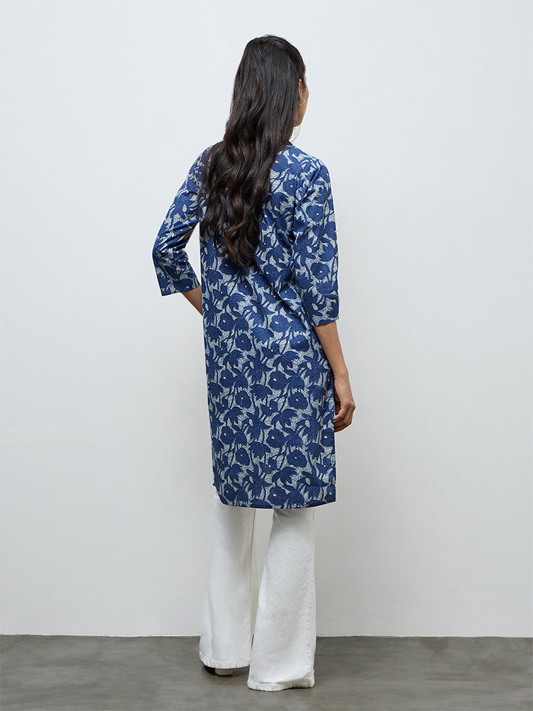 Utsa Indigo Floral Printed Cotton Straight Kurta