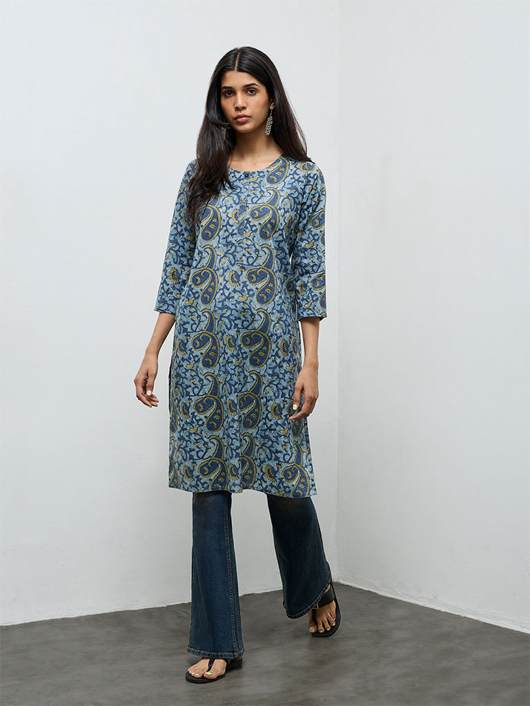 Utsa Indigo Paisley Printed Cotton Straight Kurta