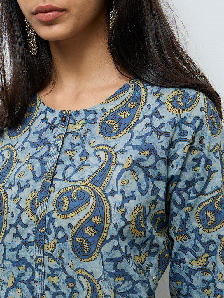 Utsa Indigo Paisley Printed Cotton Straight Kurta