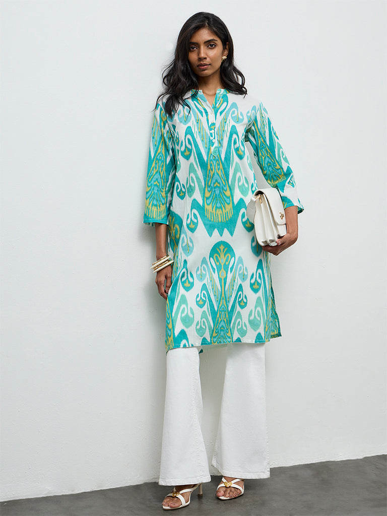 Utsa Aqua Printed A-Line Cotton Kurta